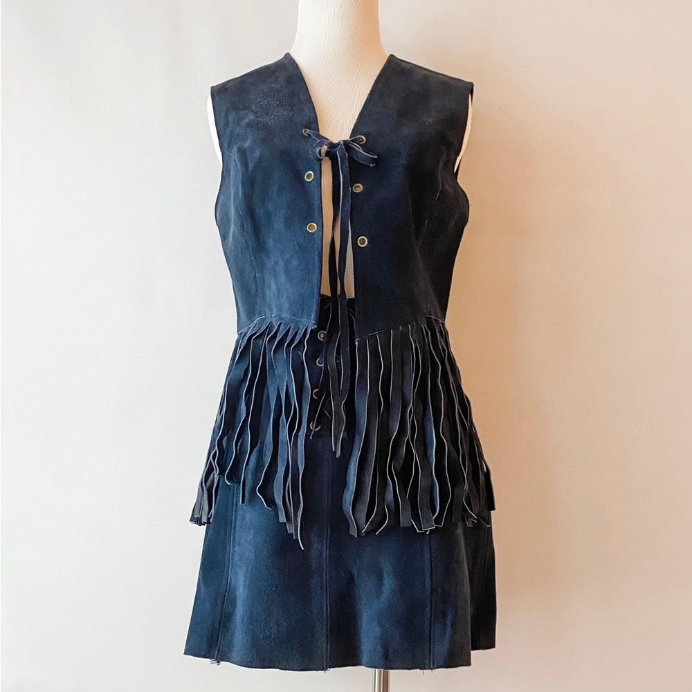 Vintage Dark Blue Suede 60s / 70s Fringe Vest & Mini Skirt Set